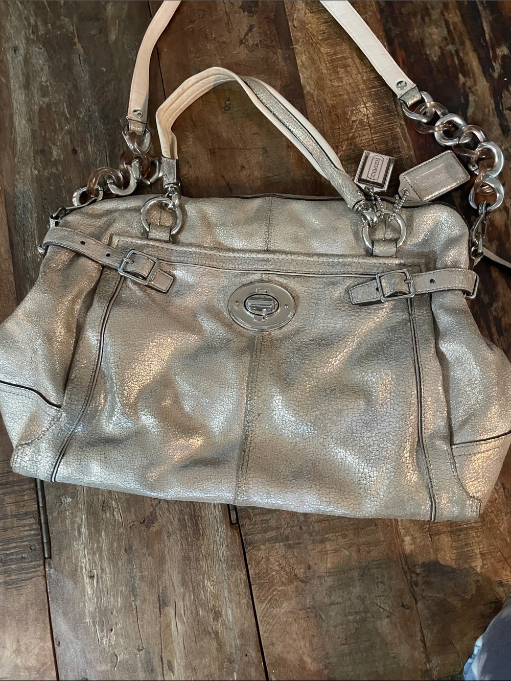 Coach Metallic Silver Leather Shoulder Bag with Chain Strap
